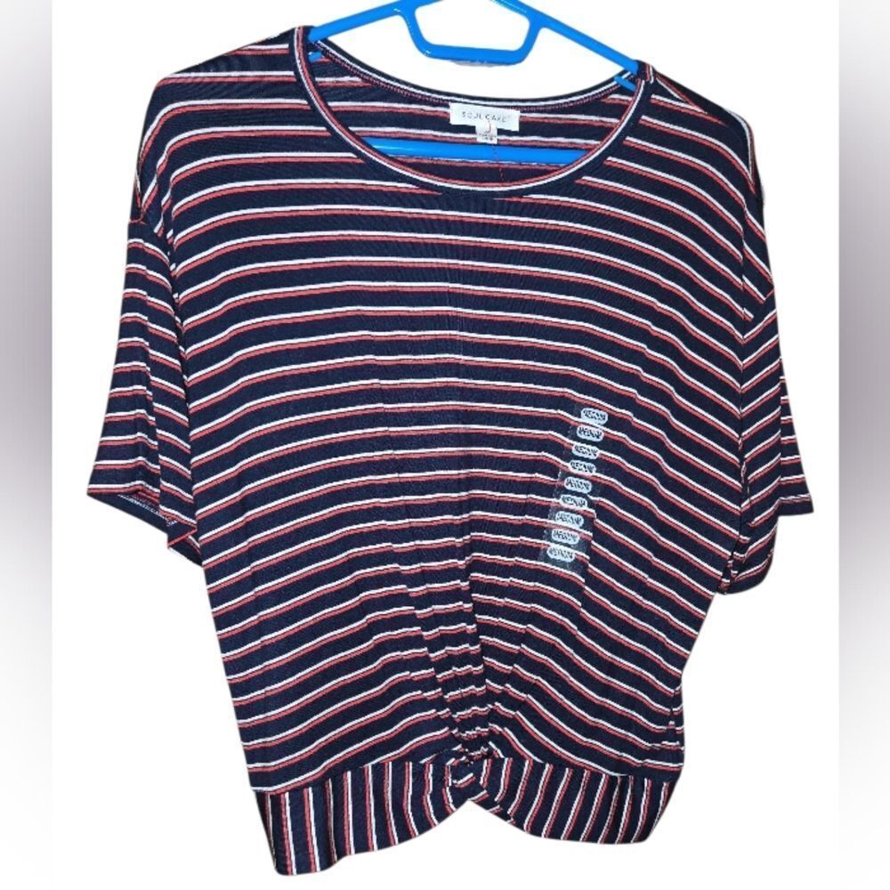 SOUL CAKE Cross Front Top Short Sleeve Shirt Size Medium Blue Striped